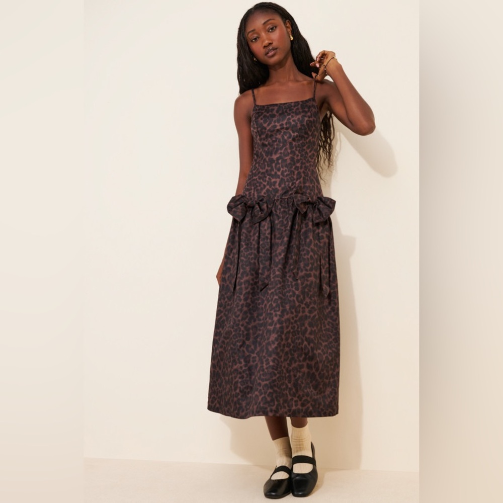 Moon River Leopard Drop Waist Midi Dress in Brown Size S NWT - Picture 2 of 8